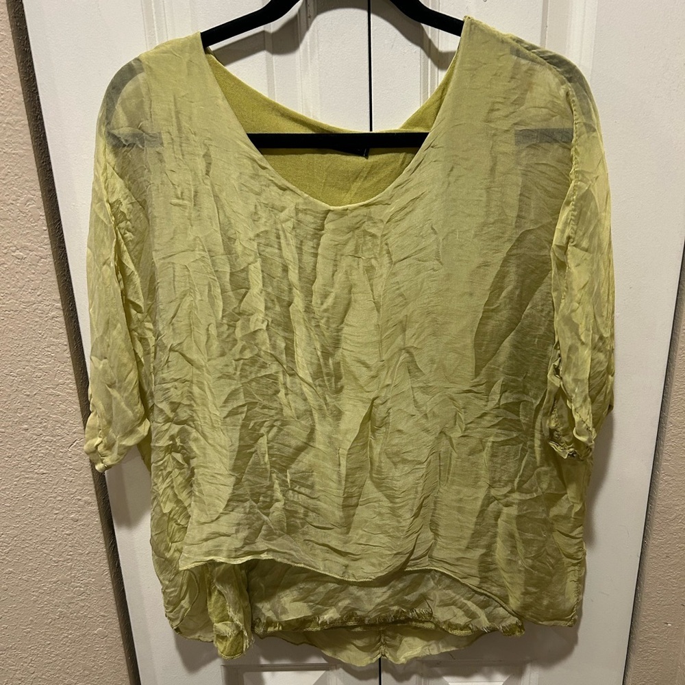 Made in Italy Silk Blouse Chartreuse Lagenlook Unique Boho Festival , Small